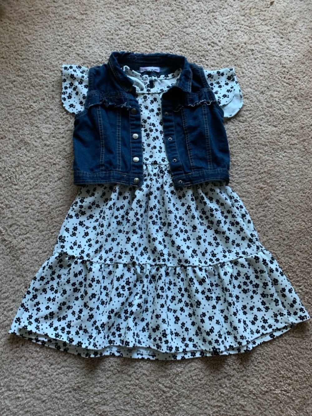 Nannette White Floral Dress with Dark Blue Denim Vest